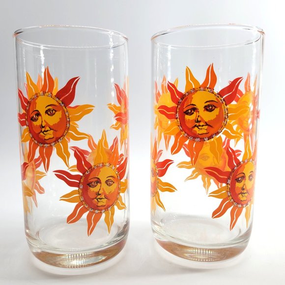 Vtg Libbey Celestial Orange Sun Sunshine Face Highball Tall Tumbler Glasses 5¾" - Picture 5 of 8